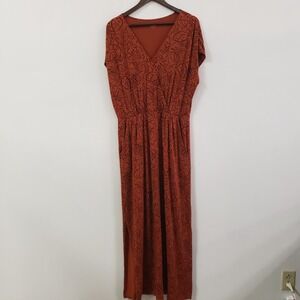 Garnet Hill Womens Leaf Print Lyocell V Neck Maxi Dress Size‎ M Orange Vacation